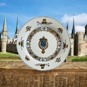 Vintage Chinese Export Porcelain Plate 12” Charger Coat of Arms Floral Design